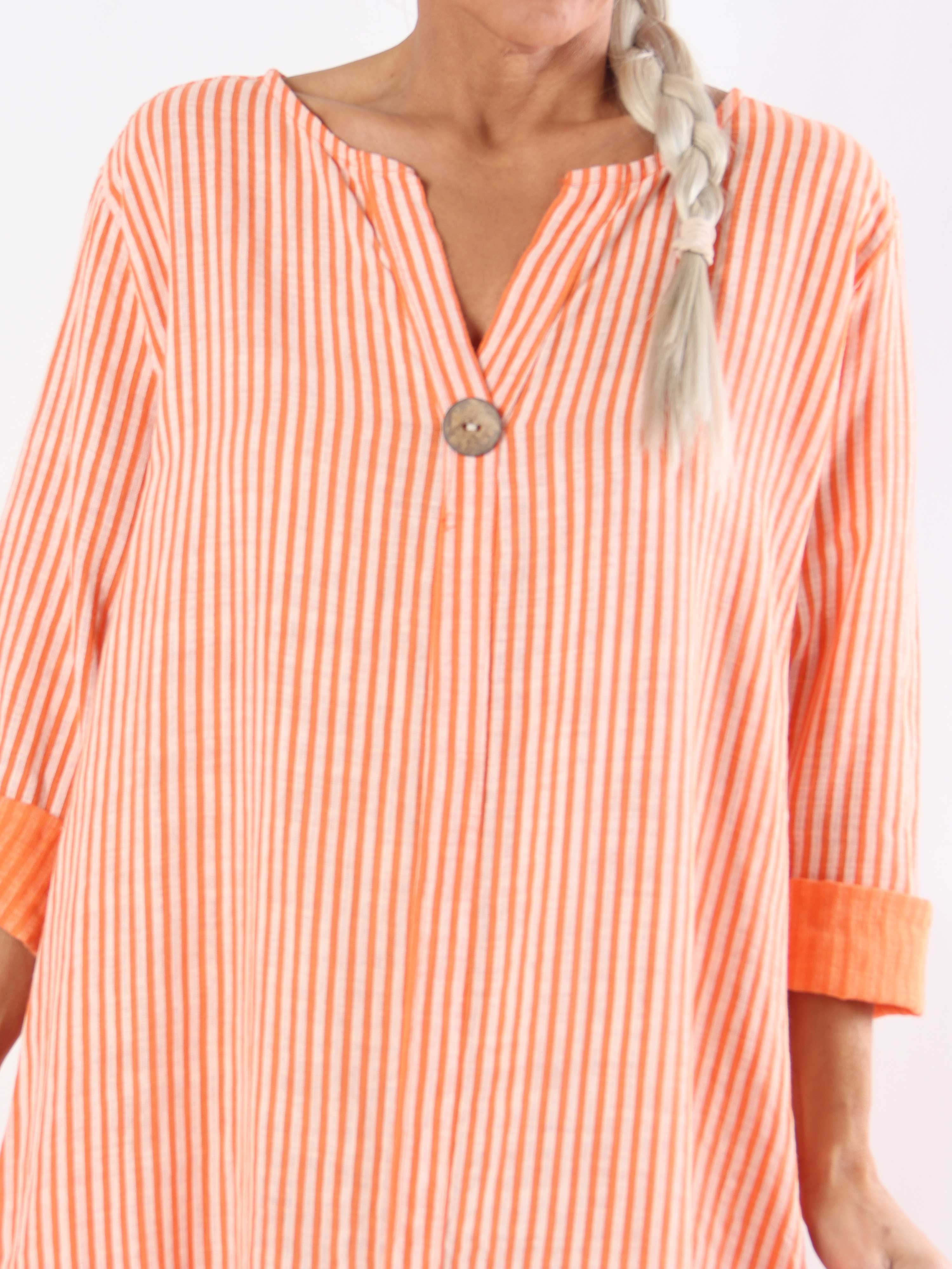 Arizona Stripe - Lång bomullsklänning i plus size i linne-liknande tyg